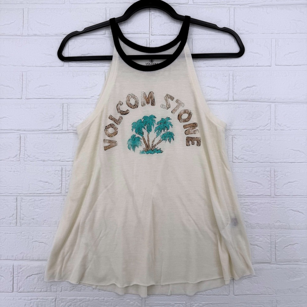 VOLCOM STONE Women Halter Tank Top Cream Black Trim Palm Tree Graphic Surf Boho